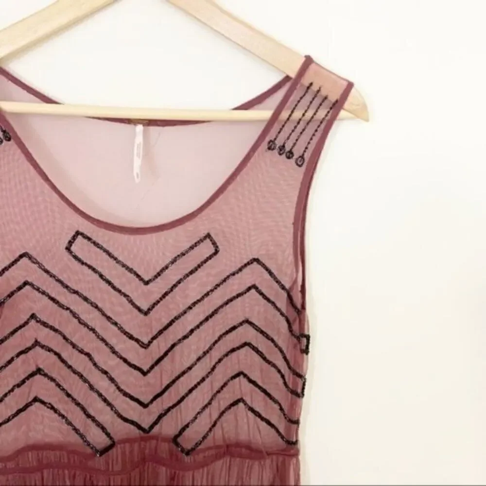 Free people sheer embellished maroon mini dress S
